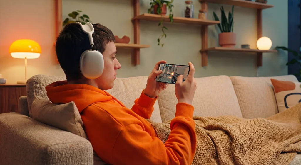 A teenager playing valorant on cellphone