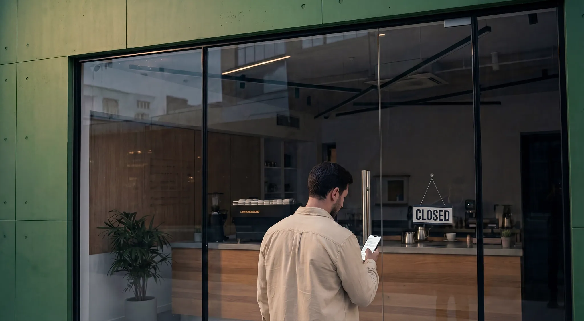 A man standing behind a closed store door while checking his cell phone
