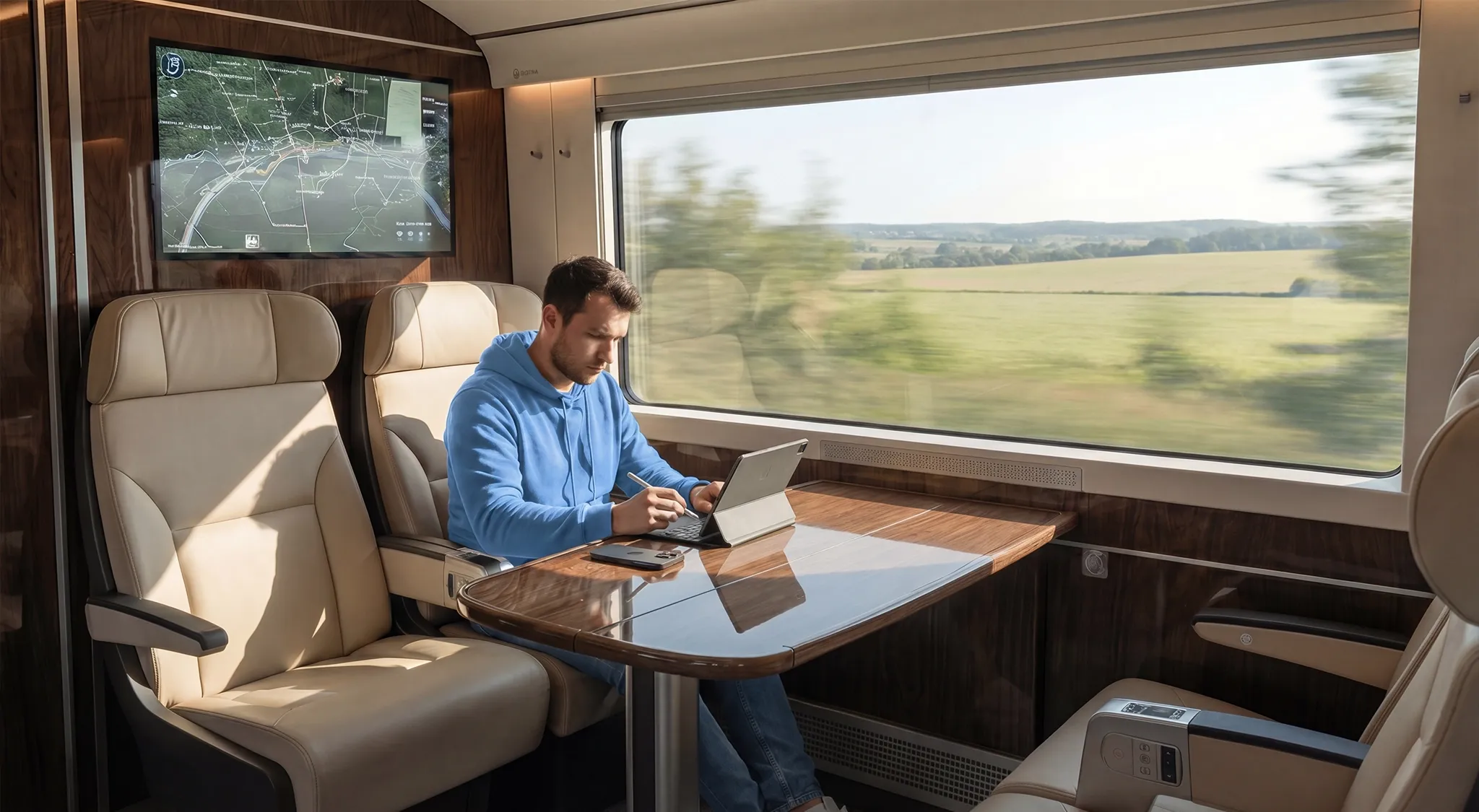 A freelancer sitting in a private train compartment working with his iPad