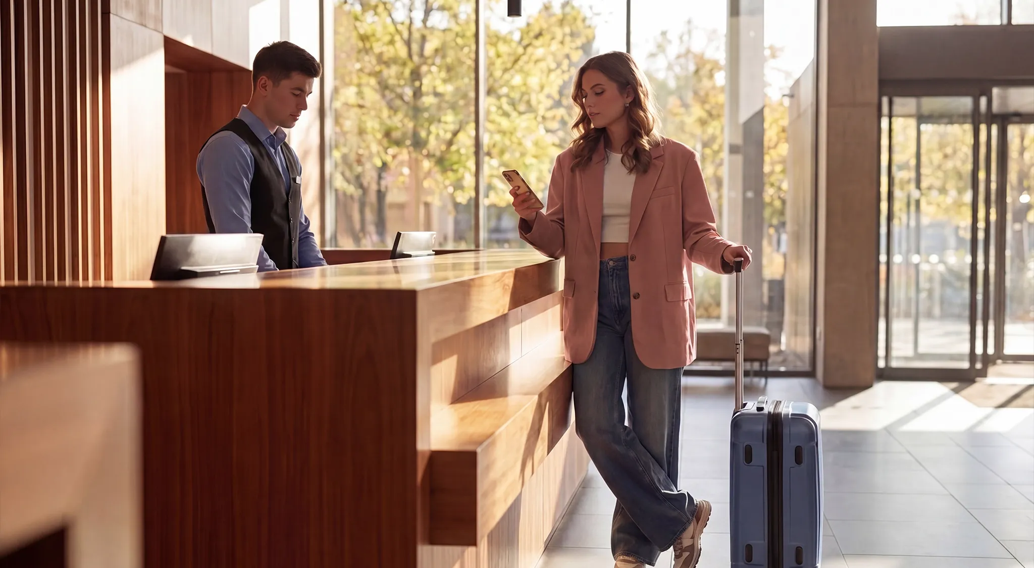 a woman checking in a hotel. She's standing by the check-in counter