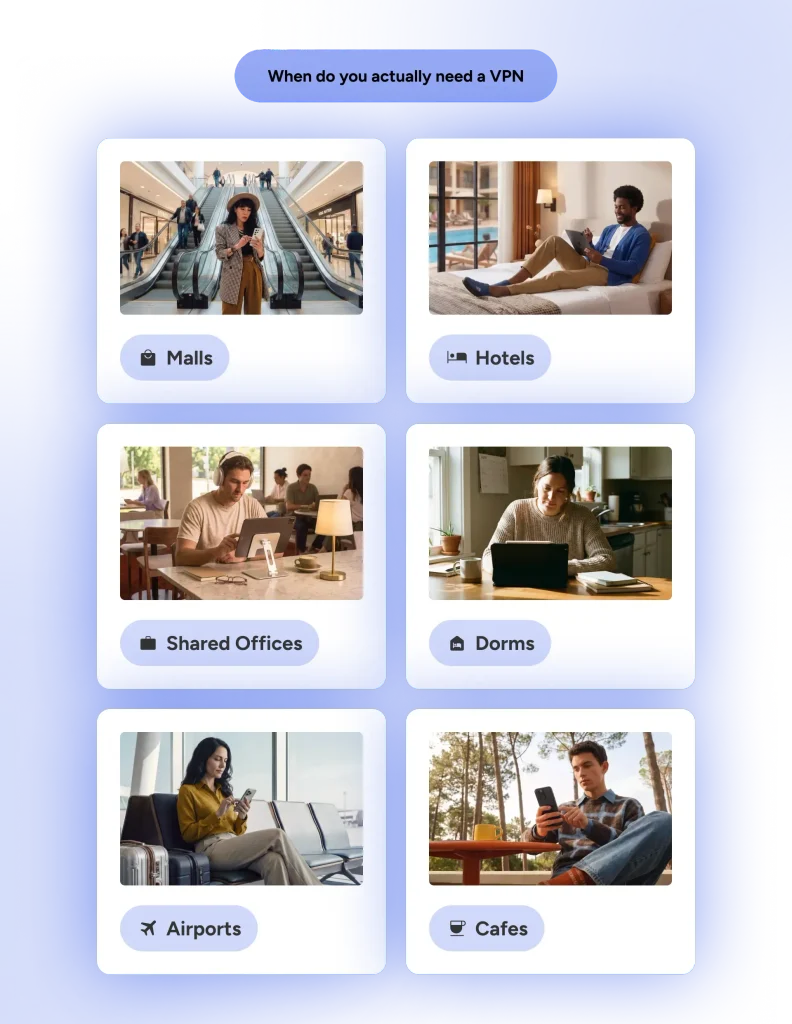 An infographic that shows 6 situations where have a VPN is essential