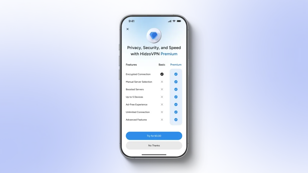 A mock-up that compares HidzoVPN freemium and premium