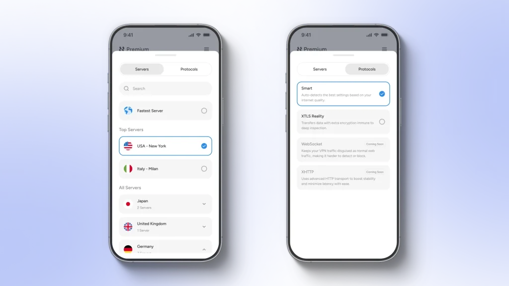 Screenshots of HidzoVPN's Server list and supported Protocols 