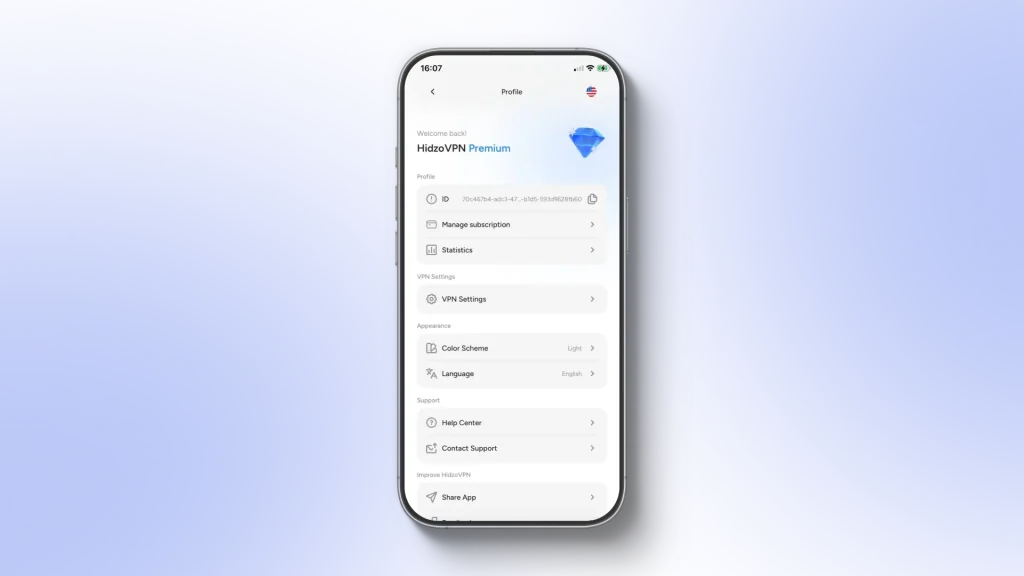 Screenshot of HidzoVPN Settings screen