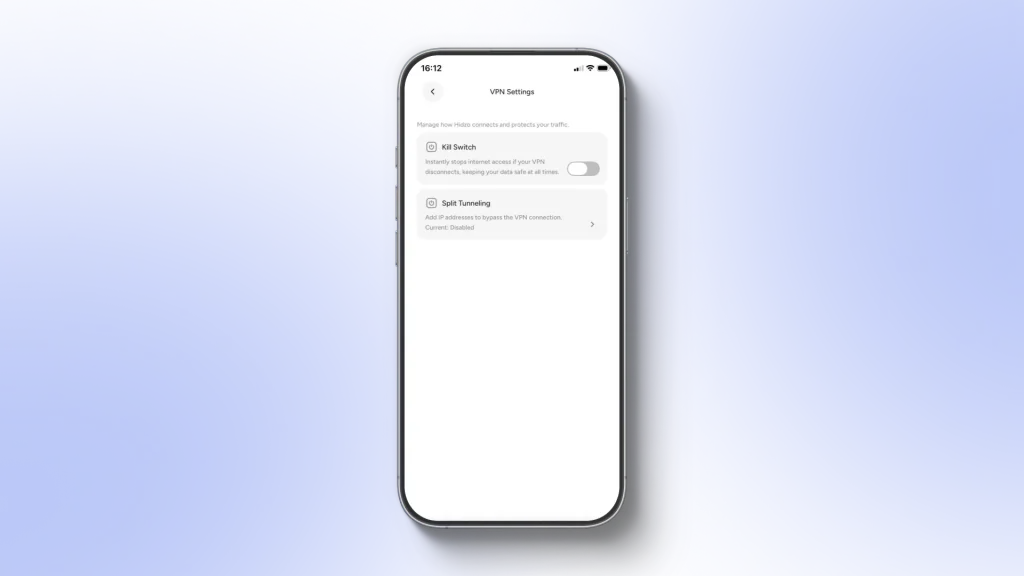 Screenshot of HidzoVPN VPN connection settings and controls (split tunneling and kill switch)
