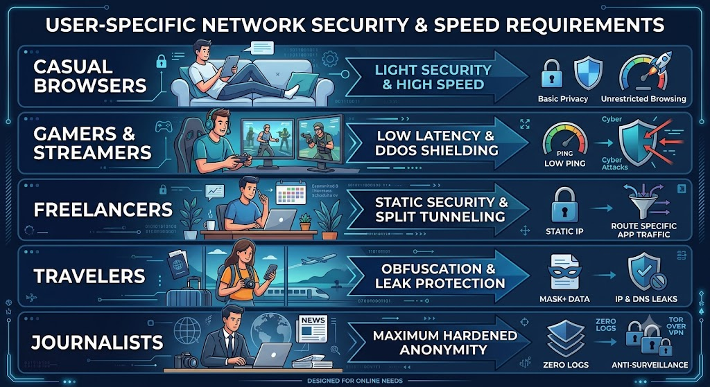 An infographic that shows the level of VPN safety required to different use cases