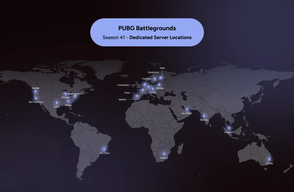 A map of the world that shows the best server locations for PUBG