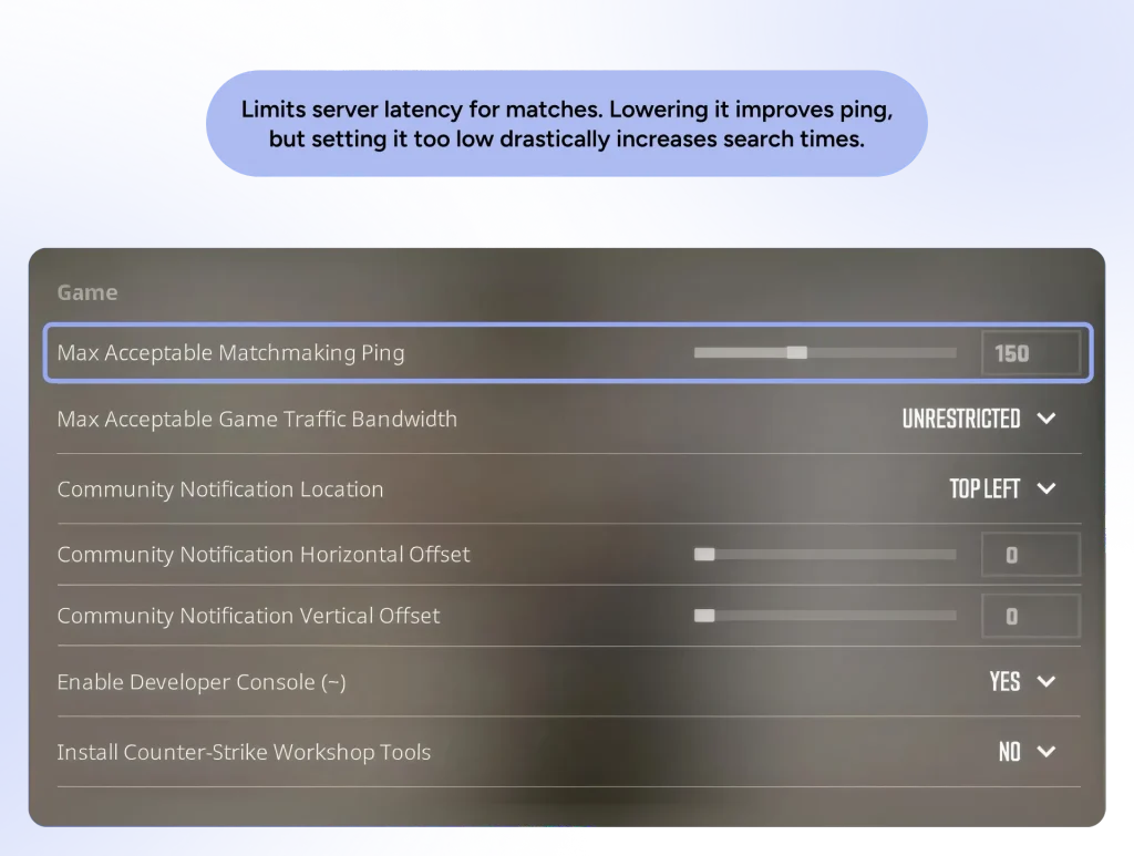 Screenshot of Counter Strike 2 settings screen