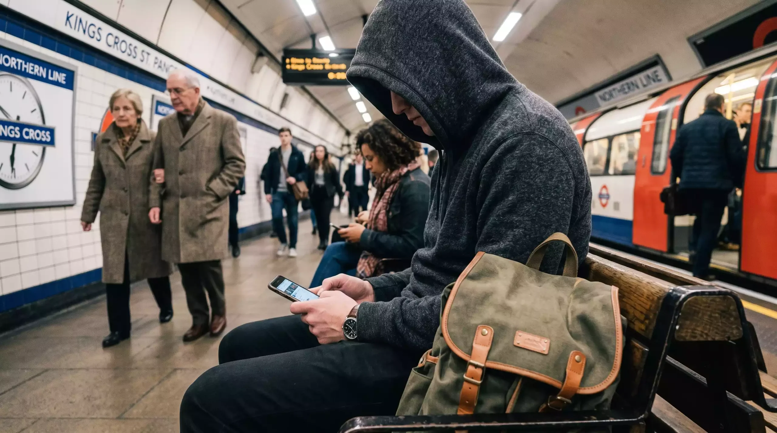 the photo of a person wearing a black hoodie and working with his cellphone in a crowded subway