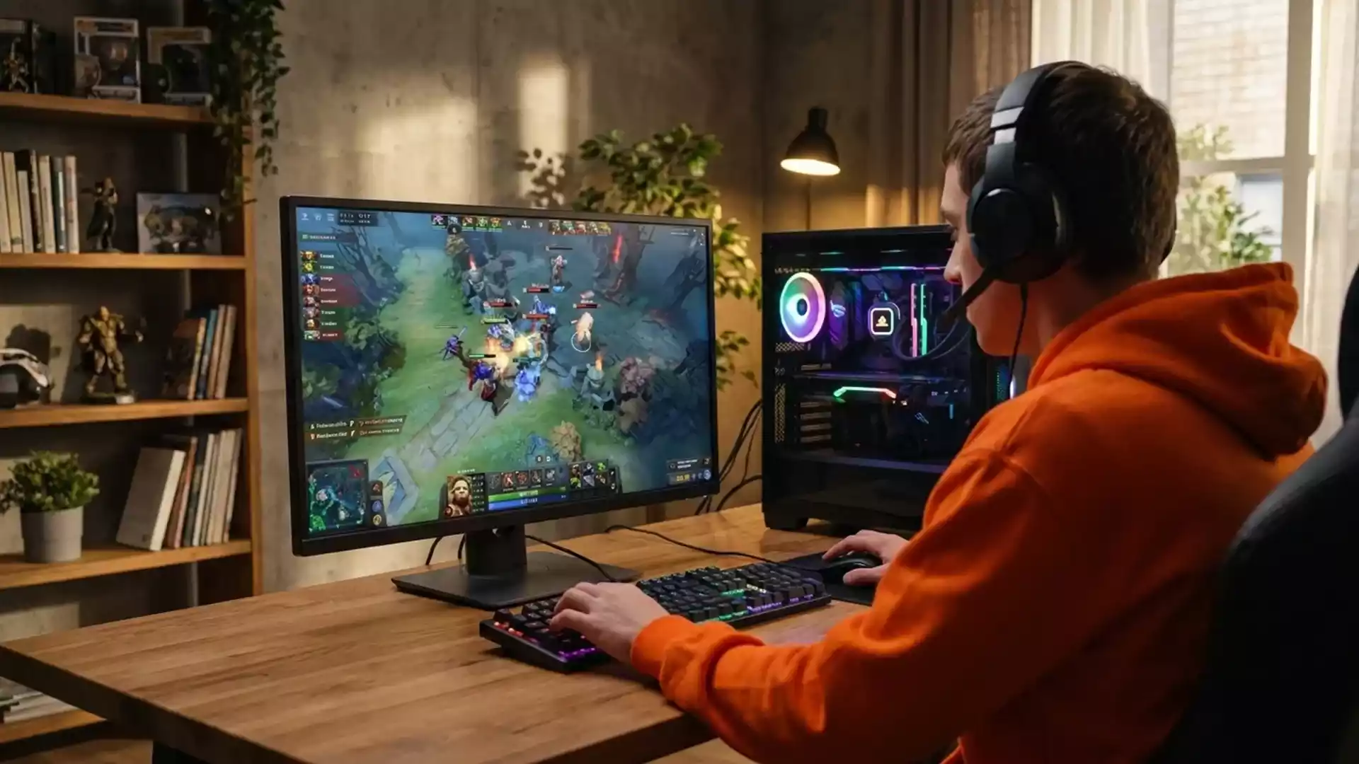 A teenager playing Dota 2 on PC