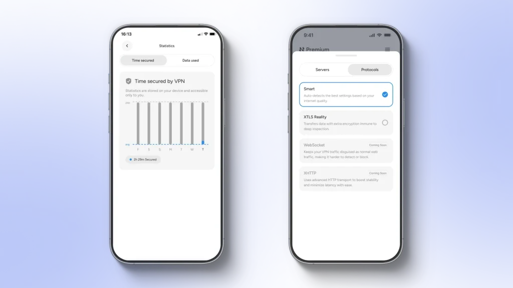 A screenshot of HidzoVPN's Statistics feature that show the amount time and data the user has used the app to protect their connection
